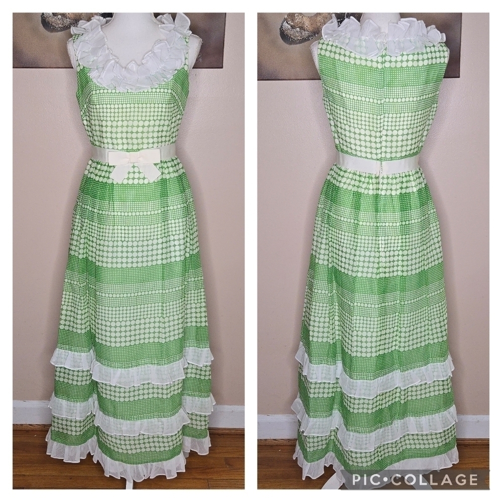 Miss Elliette Vintage Green White Frilly Ruffle Polka Dot Maxi Dress